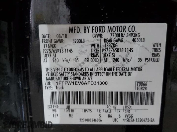 2010 Ford F-150 XL with VIN 1FTFW1EV8AFD31300, listed as a Copart auction lot 45961935 with Not Provided miles and Salvage Title. Bid and sale history available at DreamBid. Image 12.