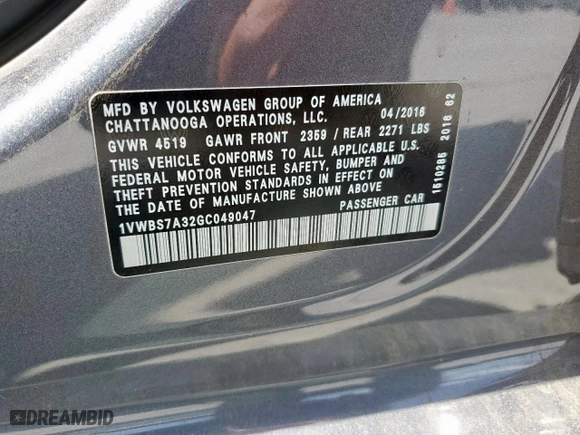 2016 Volkswagen Passat 1.8T SE w/Technology with VIN 1VWBS7A32GC049047, listed as a Copart auction lot 50255165 with 0 mi miles and Salvage Title. Bid and sale history available at carsss.com. Image 13.