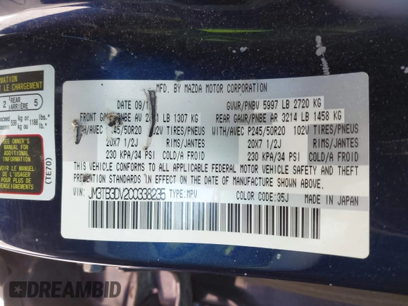 2012 Mazda CX-9 Grand Touring with VIN JM3TB3DV2C0338235, listed as a IAAI auction lot 41592307 with 1 mi miles. Bid and sale history available at carsss.com. Image 9.