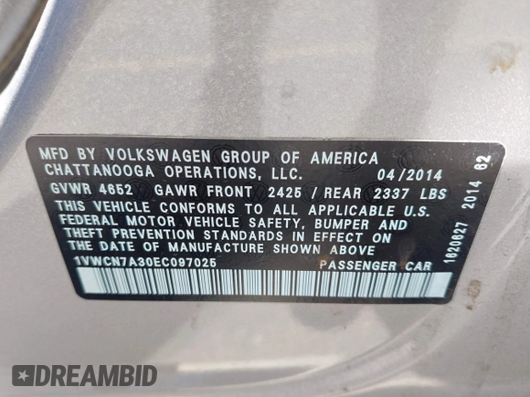 2014 Volkswagen Passat SEL Premium z VIN 1VWCN7A30EC097025, wystawiony jako IAAI lot #42466540 z przebiegiem 149 307 mil mil oraz . Historia ofert i sprzedaży dostępna na DreamBid. Obrazek 9.