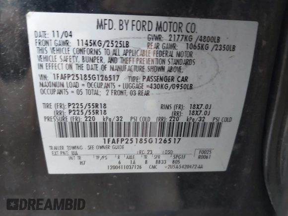 2005 Ford Five Hundred Limited с VIN 1FAFP25185G126517, выставлен на аукционе IAAI как лот 41449598 с пробегом 129 530 миль миль и . История ставок и продаж доступна на DreamBid. Изображение 9.
