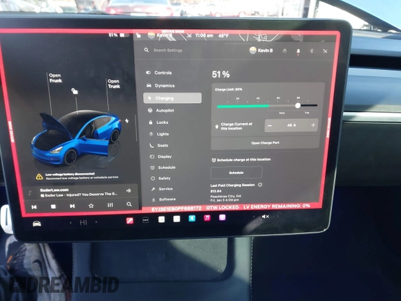 2023 Tesla Model 3 Long Range with VIN 5YJ3E1EB0PF688172, listed as a IAAI auction lot 41411580 with 21,125 mi miles and . Bid and sale history available at DreamBid. Image 17.