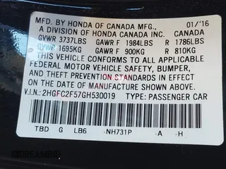 2016 Honda Civic Sedan LX with VIN 2HGFC2F57GH530019, listed as a IAAI auction lot 41839658 with 105,398 mi miles. Bid and sale history available at carsss.com. Image 9.