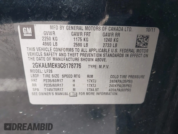 2012 GMC Terrain SLE-1 with VIN 2GKALMEK9C6178776, listed as a IAAI auction lot 41722791 with 128,322 mi miles and . Bid and sale history available at carsss.com. Image 9.