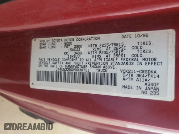 1997 Toyota T100 DX with VIN JT4UN22DXV0038731, listed as a Copart auction lot 52185665 with 268,281 mi miles and Salvage Title. Bid and sale history available at carsss.com. Image 12.