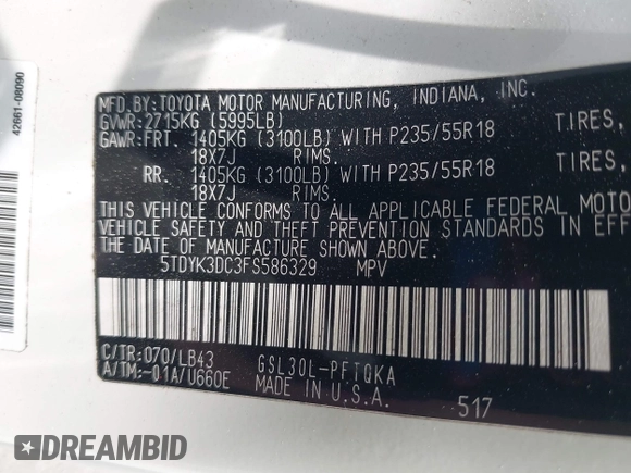 2015 Toyota Sienna XLE with VIN 5TDYK3DC3FS586329, listed as a IAAI auction lot 42496805 with 132,828 mi miles and . Bid and sale history available at DreamBid. Image 9.