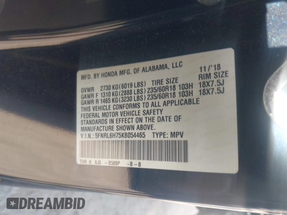 2019 Honda Odyssey EX-L with VIN 5FNRL6H75KB054465, listed as a IAAI auction lot 41841488 with 141,790 mi miles. Bid and sale history available at carsss.com. Image 9.