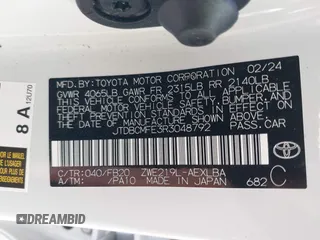 2024 Toyota Corolla Hybrid LE with VIN JTDBCMFE3R3048792, listed as a IAAI auction lot 41915869 with 22,899 mi miles. Bid and sale history available at carsss.com. Image 9.