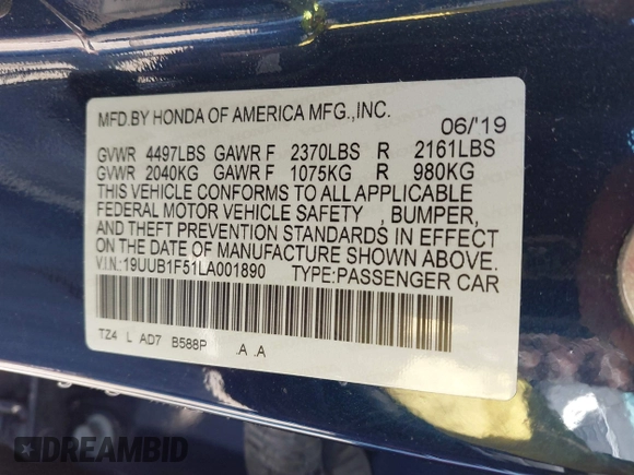 2020 Acura TLX w/Technology Pkg with VIN 19UUB1F51LA001890, listed as a IAAI auction lot 42046926 with 81,833 mi miles. Bid and sale history available at carsss.com. Image 9.