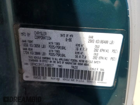 1996 Dodge 1500 z VIN 1B7HC13Y1TJ188317, wystawiony jako Copart lot #55630765 z przebiegiem 279 551 mil mil oraz Szkoda całkowita • Salvage title. Historia ofert i sprzedaży dostępna na DreamBid. Obrazek 12.