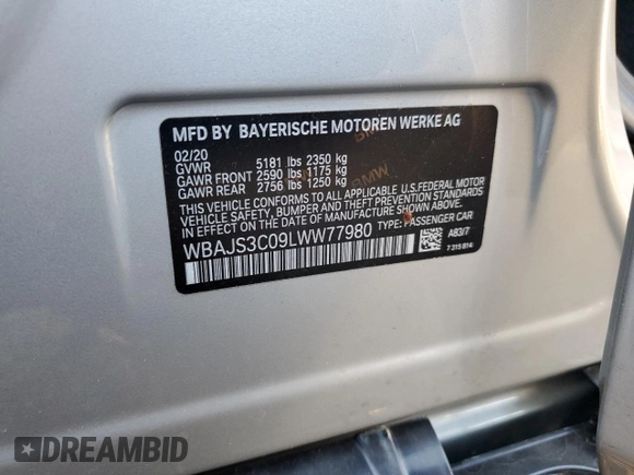 2020 BMW 5 Series 540i xDrive with VIN WBAJS3C09LWW77980, listed as a Copart auction lot 85268944 with 20,396 mi miles and Salvage title. Bid and sale history available at DreamBid. Image 13.