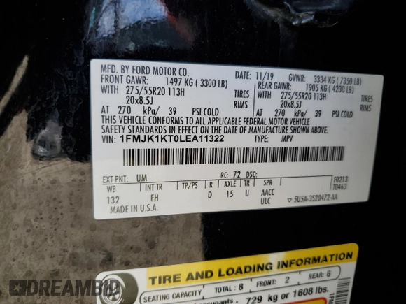 2020 Ford Expedition Max Limited with VIN 1FMJK1KT0LEA11322, listed as a Copart auction lot 69897804 with 140,854 mi miles and Salvage Title. Bid and sale history available at DreamBid. Image 14.