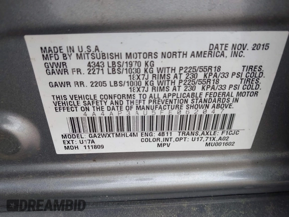 2015 Mitsubishi Outlander Sport ES with VIN 4A4AP3AU5FE062047, listed as a IAAI auction lot 41920635 with 107,880 mi miles. Bid and sale history available at carsss.com. Image 9.