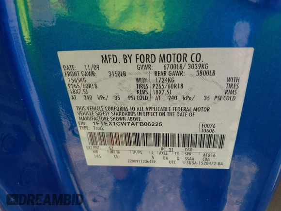 2010 Ford F-150 XL with VIN 1FTEX1CW7AFB06225, listed as a IAAI auction lot 42556807 with 311,511 mi miles and . Bid and sale history available at DreamBid. Image 9.