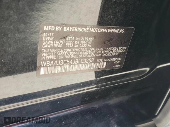 2018 BMW 4 Series 430i xDrive with VIN WBA4J3C54JBL03258, listed as a Copart auction lot 62573315 with 48,370 mi miles and Salvage title. Bid and sale history available at DreamBid. Image 13.