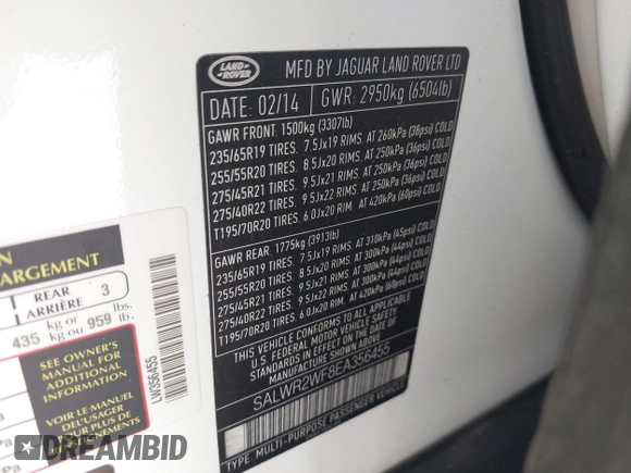 2014 Land Rover Range Rover Sport HSE with VIN SALWR2WF8EA356455, listed as a IAAI auction lot 41987860 with 103,912 mi miles and . Bid and sale history available at DreamBid. Image 9.