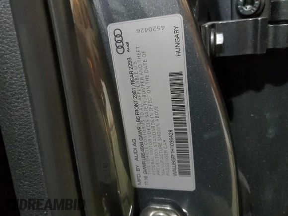 2017 Audi A3 Sedan Premium Plus with VIN WAUJ8GFF1H1036428, listed as a Copart auction lot 68144473 with 57,477 mi miles and Salvage Title. Bid and sale history available at carsss.com. Image 13.