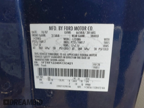 2008 Ford F-150 XL z VIN 1FTRF12248KC03421, wystawiony jako IAAI lot #42755495 z przebiegiem 149 306 mil mil oraz . Historia ofert i sprzedaży dostępna na DreamBid. Obrazek 9.