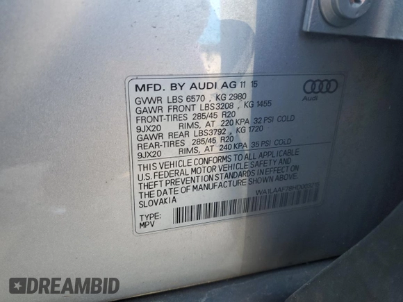 2017 Audi Q7 Premium Plus with VIN WA1LAAF78HD003215, listed as a Copart auction lot 53529185 with 96,960 mi miles and Clean Title. Bid and sale history available at carsss.com. Image 13.