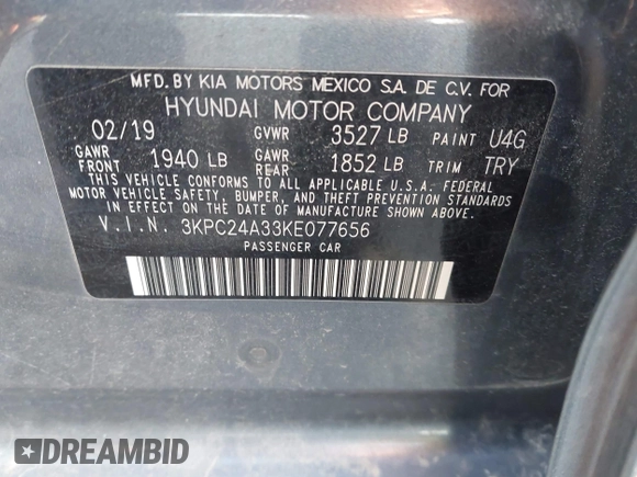 2019 Hyundai Accent SE with VIN 3KPC24A33KE077656, listed as a IAAI auction lot 42025342 with 109,403 mi miles. Bid and sale history available at carsss.com. Image 9.