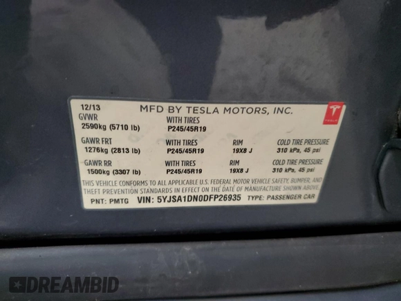 2013 Tesla Model S z VIN 5YJSA1DN0DFP26935, wystawiony jako Copart lot #45081995 z przebiegiem 120 048 mil mil oraz Szkoda całkowita • Salvage title. Historia ofert i sprzedaży dostępna na DreamBid. Obrazek 12.