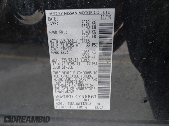 2020 Nissan Rogue SL with VIN 5N1AT2MT2LC756861, listed as a IAAI auction lot 41554142 with 93,365 mi miles. Bid and sale history available at carsss.com. Image 9.