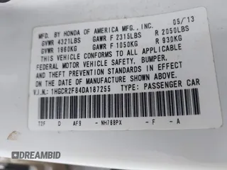 2013 Honda Accord EX-L with VIN 1HGCR2F84DA187255, listed as a IAAI auction lot 42007494 with 149,213 mi miles and . Bid and sale history available at DreamBid. Image 9.