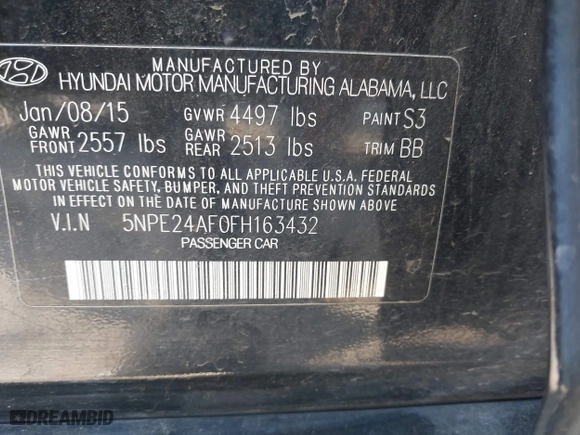 2015 Hyundai Sonata 2.4L SE with VIN 5NPE24AF0FH163432, listed as a IAAI auction lot 42005069 with 186,390 mi miles. Bid and sale history available at carsss.com. Image 9.