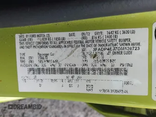 2013 Ford Fiesta SE with VIN 3FADP4EJ7DM136723, listed as a IAAI auction lot 42090284 with 168,004 mi miles and . Bid and sale history available at DreamBid. Image 9.