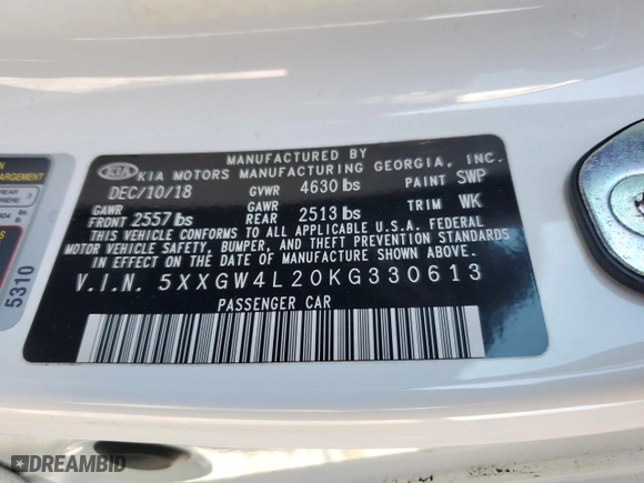 2019 Kia Optima SX with VIN 5XXGW4L20KG330613, listed as a Copart auction lot 41571785 with 49,811 mi miles and Salvage Title. Bid and sale history available at carsss.com. Image 13.