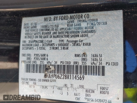 2008 Ford Fusion S with VIN 3FAHP06Z28R114569, listed as a IAAI auction lot 42035714 with 139,656 mi miles. Bid and sale history available at carsss.com. Image 9.