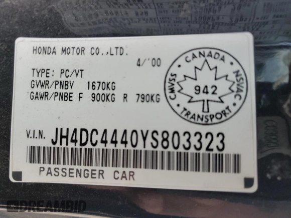 2000 Acura Integra RS с VIN JH4DC4440YS803323, выставлен на аукционе Copart как лот 60503085 с пробегом 226 749 миль миль и Списание • Salvage title. История ставок и продаж доступна на DreamBid. Изображение 12.