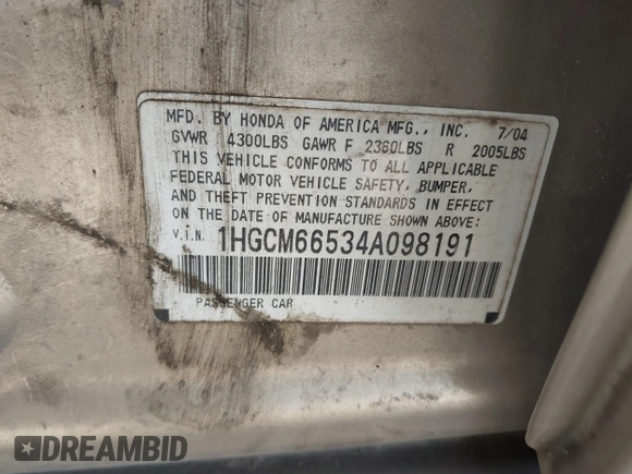 2004 Honda Accord EX with VIN 1HGCM66534A098191, listed as a IAAI auction lot 42301804 with Not provided miles and . Bid and sale history available at DreamBid. Image 9.