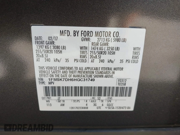 2017 Ford Explorer XLT with VIN 1FM5K7DH6HGC31749, listed as a IAAI auction lot 41839014 with 173,564 mi miles and . Bid and sale history available at DreamBid. Image 9.