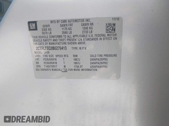2011 GMC Terrain SLE-2 with VIN 2CTFLTEC8B6279413, listed as a IAAI auction lot 42812539 with 120,466 mi miles and . Bid and sale history available at DreamBid. Image 9.