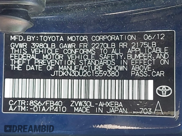 2012 Toyota Prius One with VIN JTDKN3DU2C1559380, listed as a IAAI auction lot 42041076 with 222,740 mi miles. Bid and sale history available at carsss.com. Image 9.
