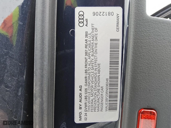 2024 Audi A6 Sedan Premium Plus with VIN WAUE3BF23RN036246, listed as a Copart auction lot 45116425 with 0 mi miles and Clean Title. Bid and sale history available at carsss.com. Image 8.