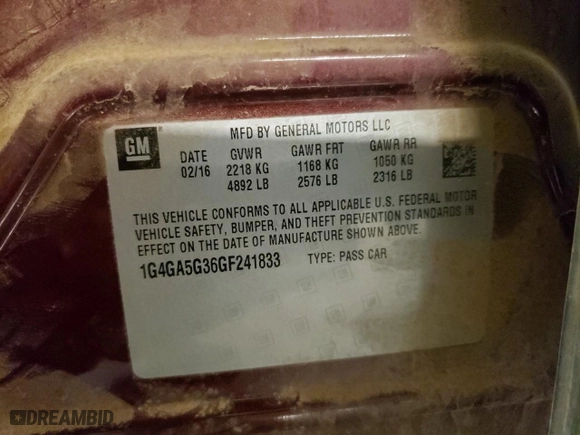 2016 Buick LaCrosse with VIN 1G4GA5G36GF241833, listed as a Copart auction lot 46868515 with 213,448 mi miles and Salvage Title. Bid and sale history available at carsss.com. Image 12.
