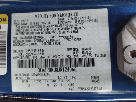 2018 Ford Fusion Titanium with VIN 3FA6P0RU8JR124066, listed as a IAAI auction lot 42106389 with Not Provided miles and . Bid and sale history available at DreamBid. Image 9.