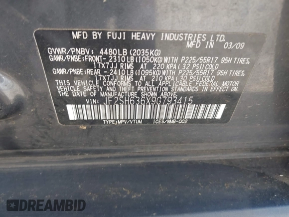 2009 Subaru Forester X with VIN JF2SH636X9G793415, listed as a IAAI auction lot 42614382 with 116,965 mi miles and . Bid and sale history available at DreamBid. Image 9.