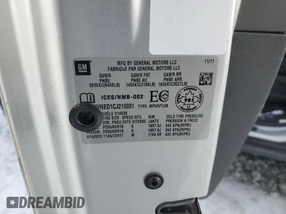 2012 GMC Acadia SL with VIN 1GKKVNED1CJ210001, listed as a Copart auction lot 83579244 with 136,647 mi miles and Clean title. Bid and sale history available at DreamBid. Image 13.