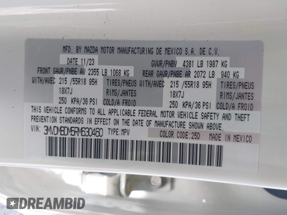 2024 Mazda CX-30 S Premium with VIN 3MVDMBDM5RM630460, listed as a IAAI auction lot 41135965 with 5,544 mi miles and . Bid and sale history available at DreamBid. Image 9.