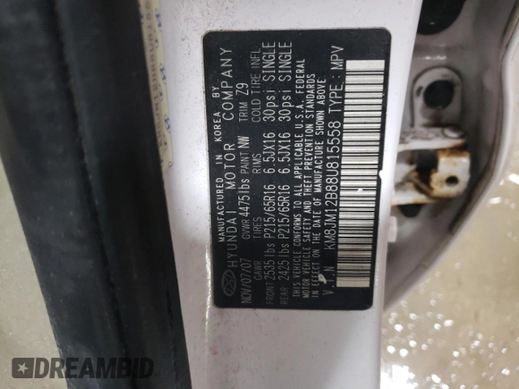 2008 Hyundai Tucson GLS with VIN KM8JM12B88U815558, listed as a Copart auction lot 41873865 with 194,378 mi miles and Salvage Title. Bid and sale history available at DreamBid. Image 12.