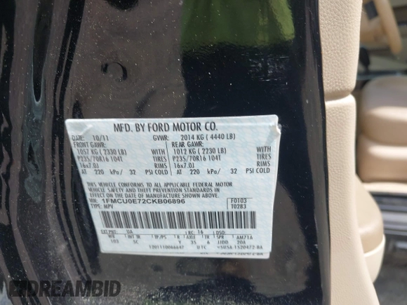 2012 Ford Escape Limited with VIN 1FMCU0E72CKB06896, listed as a IAAI auction lot 41945630 with 104,722 mi miles. Bid and sale history available at carsss.com. Image 9.