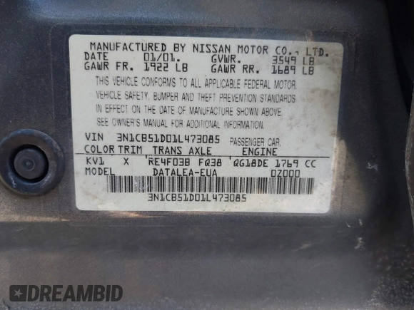 2001 Nissan Sentra GXE z VIN 3N1CB51D01L473085, wystawiony jako IAAI lot #41615385 z przebiegiem 38 731 mil mil oraz . Historia ofert i sprzedaży dostępna na DreamBid. Obrazek 9.