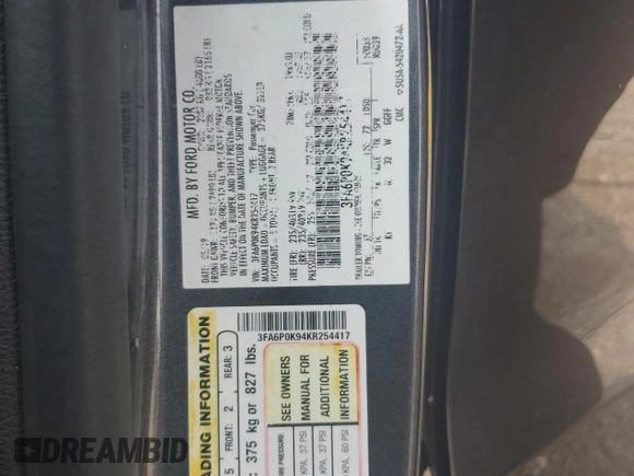 2019 Ford Fusion Titanium with VIN 3FA6P0K94KR254417, listed as a Copart auction lot 59150565 with 88,967 mi miles and Salvage title. Bid and sale history available at DreamBid. Image 12.