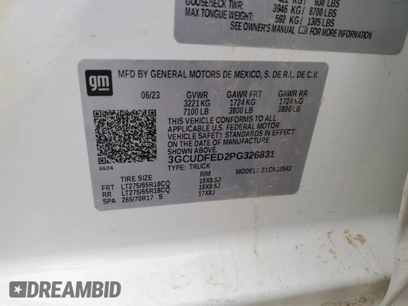 2023 Chevrolet Silverado 1500 LT Trail Boss with VIN 3GCUDFED2PG326831, listed as a Copart auction lot 81095664 with Not Provided miles and Salvage Title. Bid and sale history available at DreamBid. Image 12.