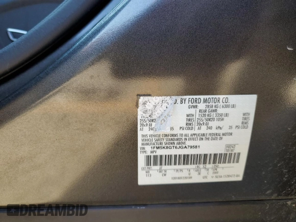 2018 Ford Explorer Sport z VIN 1FM5K8GT6JGA79581, wystawiony jako Copart lot #61348985 z przebiegiem 79 773 mil mil oraz Szkoda całkowita • Salvage title. Historia ofert i sprzedaży dostępna na DreamBid. Obrazek 13.