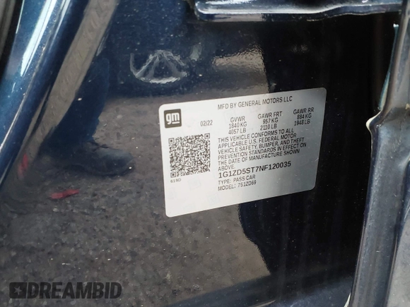 2022 Chevrolet Malibu LT with VIN 1G1ZD5ST7NF120035, listed as a IAAI auction lot 42157473 with 75,823 mi miles and . Bid and sale history available at DreamBid. Image 9.