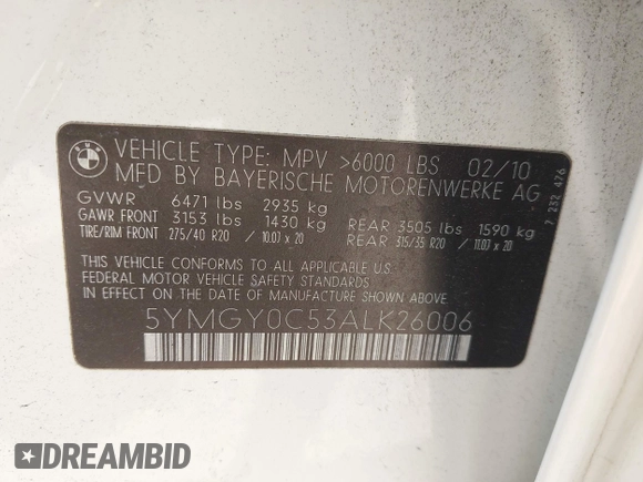 2010 BMW X5 M z VIN 5YMGY0C53ALK26006, wystawiony jako IAAI lot #42329794 z przebiegiem Nie podano mil oraz . Historia ofert i sprzedaży dostępna na DreamBid. Obrazek 9.